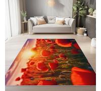 Tapis Lavable de 140 x 200 cm à Motif Coucher De Soleil Naturel Champ De Coquelicots Tapis avec Envers antidérapant, Adapté à La Réduction du Bruit du Salon Durable résistant aux Taches, Rouge