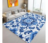 Tapis Lavable de 140 x 200 cm à Motif Porcelaine Bleue Et Blanche Motif Floral Tapis avec Envers antidérapant, Adapté à La Réduction du Bruit du Salon Durable Confortable résistant aux Taches, Bleu