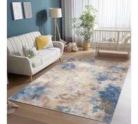 Tapis Lavable de 140 x 200 cm à Motif Rayures Rétro Abstraites Tapis avec Envers antidérapant, Adapté à La Réduction du Bruit du Salon Durable Confortable résistant aux Taches, Bleu Beige