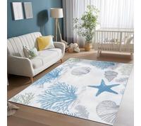 Tapis Lavable de 160 x 230 cm à Motif Corail Abstrait Peint À La Main Tapis avec Envers antidérapant, Adapté à La Réduction du Bruit du Salon Durable Confortable résistant aux Taches, Bleu Clair