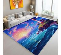 Tapis Lavable de 160 x 230 cm à Motif Phare De Dessin Animé Côte Tapis avec Envers antidérapant, Adapté à La Réduction du Bruit du Salon Durable Confortable résistant aux Taches, Bleu