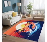 Tapis Lavable de 60 x 110 cm à Motif Dauphin De Dessin Animé Coucher De Soleil Tapis avec Envers antidérapant, Adapté à La Réduction du Bruit du Salon Confortable résistant aux Taches, Orange Bleu
