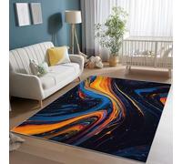 Tapis Lavable de 80 x 150 cm à Motif Lignes De Peinture Abstraites Tapis avec Envers antidérapant, Adapté à La Réduction du Bruit du Salon Durable Confortable résistant aux Taches, Bleu Orange