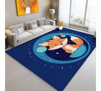 Tapis Lavable de 80 x 150 cm à Motif Renard De Dessin Animé Planètes Tapis avec Envers antidérapant, Adapté à La Réduction du Bruit du Salon Durable Confortable résistant aux Taches, Bleu Foncé
