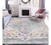 Tapis Lavable Doux à Poils Ras, Base Antidérapante pour Salon, Chambre, Cuisine, Salle à Manger et Bureau Contemporain Petites Fleurs Bleues De Style Ethnique Rétro 120 x 180 cm
