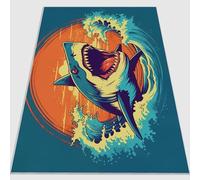Tapis Lavable en Machine 140 x 200 cm, Doux à Poils Courts Rétro Nautique Animaux Requin Tapis imprimé antidérapant et antibactérien en Flanelle Convient pour la Chambre et Le Salon Bleu Marine