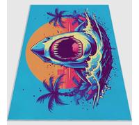 Tapis Lavable en Machine 140 x 200 cm, Doux à Poils Courts Rétro Tropical Nautique Requin Plantes Tapis imprimé antidérapant et antibactérien en Flanelle Convient pour la Chambre et Le Salon Bleu