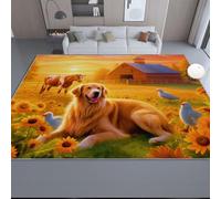 Tapis Lavable Jaune Orangé - Chaleureux Beau Ferme Lever De Soleil Imprimé à Poils Courts Doux Moquette Tapis Antidérapant pour Salon Chambre Bureau pour Un Nettoyage Facile, 90 x 150 cm