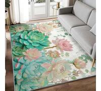 Tapis Lavable Machine Salon 140 x 200 cm - Tapis Vert Clair Antidérapant Poil Bas Doux Scandi Aquarelle Succulente Feuille Motif Chambre Cuisine Entrée Dessous Lit Salle à Manger