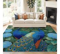 Tapis Lavable Machine Salon Fleurs de Paon de Bohême Antidérapant Sol Style 60 x 110 cm Chambre Cuisine Entrée Salle Détente Dessous Lit Dortoir Décoration Maison Bleu