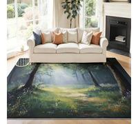 Tapis Lavable Machine Salon Scène de Pluie en forêt impressionniste Antidérapant Sol Style 60 x 110 cm Chambre Cuisine Entrée Salle Détente Dessous Lit Dortoir Décoration Maison Vert