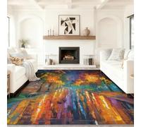Tapis Lavable Machine Salon Vue Nocturne des Rues impressionnistes Antidérapant Sol Style 180 x 250 cm Chambre Cuisine Entrée Salle Détente Dessous Lit Dortoir Décoration Maison Couleur