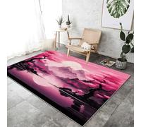 Tapis lavable, ne peluche pas, rose et violet, antidérapant, à poils courts, thème montagnes de rêve et fleurs de cerisier, 60 x 90 cm, tapis pour la maison, le bureau ou la salle à manger