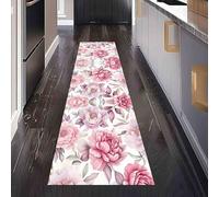 Tapis Lavable pour Cuisine Floral Fleur Tapis de Couloir Long et Antidérapant Printemps Pivoine Paillasson Absorbant et Doux Aquarelle Rose Décoratif pour Entrée, Chambre, Salle de Bain 60x210 cm