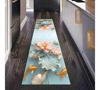 Tapis Lavable pour Cuisine Style Chinois Lotus Tapis de Couloir Long et Antidérapant Oriental Poisson Rouge Paillasson Absorbant et Doux Japonais Carpe Décoratif pour Entrée, Chambre 60x210 cm