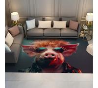 Tapis lavable pour le salon Jungle Animal portant des lunettes Cochon bouclé Doux Chambre Petit Tapis antidérapant à poils ras résistant aux taches pour bureau de chevet Salle à manger 100x150cm