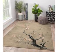 Tapis Lavable pour Salon Chambre Salle à Manger Rugs Doux et Grands Fleur de Prunier Chinois à Poil Bas Tapis d’intérieur Vintage Rose à Motifs Floraux Blancs 60x90cm