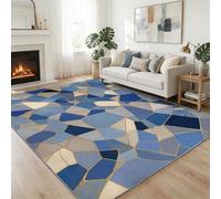 Tapis Lavable Salon 60 x 90 cm - Tapis de Cuisine Antidérapant Bleu Gris à Poils Ras Doux, Motif Minimalisme Géométrique Élégant Polygone pour Salon Bureau Bureau Moderne Décoration