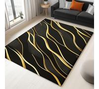 Tapis lavables 140 x 200 cm pour Salon, Tapis antidérapants Rayures dorées luxueuses ondulées pour Chambre - Noir et Or Runner Doux à Poils Courts pour Bureau Salle à Manger Salle de Jeux