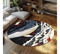 Tapis lavables Rond de Baleine Japonaise 240cm（Rond） Tapis de Chambre océanique Bleu Style Ukiyo-E Rugs asiatiques à Poil Bas pour Salon Bureau Cuisine