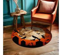 Tapis lune pour Halloween, gothique, corneilles, chauve-souris, orange, antidérapant, esthétique, cercle, tapis d'accents, tapis d'entrée, salle de bain, buanderie, décoration de chevet, 0,9 x 0,9 m