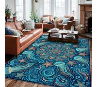 Tapis mandala, océan, bohème, méduse, étoiles, bleu sarcelle, envers antidérapant, tapis rectangulaire doux et résistant aux taches pour salon, chambre à coucher, couloir, bureau, 1,8 x 2,7 m