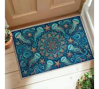 Tapis mandala, océan, bohème, méduse, étoiles, bleu sarcelle, tapis à poils courts résistant aux taches pour entrée, salle de bain, cuisine, porte, décoration, 0,6 x 0,9 m
