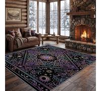 Tapis Mandala Soleil Corps Célestes Doux et Lavable en Machine, 80 x 150 cm | Boho Mystique Facile d'entretien Poil Ras Tapis Pour Cuisine Chambre d'enfant, Antidérapant Moelleuse Tapis, Bleu Violet