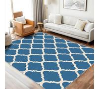 Tapis Marocain Design Lavable 150x150 - Motif Bleu Ethnique Géométrique, Tapis Carré Salon Chambre Antidérapant Poil Court Doux, Decoration Chambre Descente de Lit