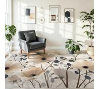 Tapis Minimaliste Dessiné À La Main Lavable 120 x 170 cm, Plantes Fleurs Branches Feuilles Facile à Entretenir Tapis avec Envers TPR Antidérapant, pour Salon Chambre Cuisine, Crème Noir