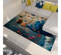Tapis Modern Fantasy Area 90X150cm Belle Fille en Robe Bleue imprimé Rug Papillon Volant et Vagues de l’océan Tapis lavables à Poils Bas pour Couloir de Chambre