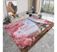 Tapis Moderne 120 x 170 cm Romantique Tour Eiffel Fleurs Lettres, Tapis de Salon Imprimé Lavable et Antidérapant - Moquette Douce à Poils Courts Rose pour Salle de Séjour Chambre d'enfant Salle de Jeu