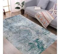 Tapis moderne 140 x 140 cm - Vert foncé, bleu clair, gris, blanc et marron - Décoration carrée de salon sous une table basse - Parfait pour une nouvelle maison et un cadeau de pendaison de crémaillère