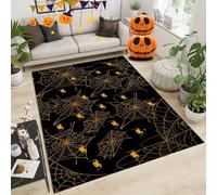 Tapis moderne à motif d'araignée d'Halloween - Noir et doré de luxe, antidérapant, résistant aux taches, 140 x 200 cm, décoration de sol pour salon, décoration d'intérieur élégante d'Halloween