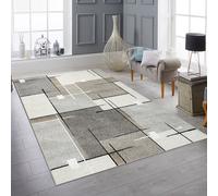Tapis moderne avec motif graphique en beige, gris et crème - Un accroche-regard