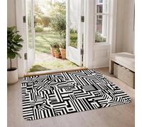 Tapis moderne de labyrinthe géométrique 61 x 91 cm | Style monochromatique, contraste élevé, art graphique moderne, lignes épurées, accents d'entrée, chemin de couloir