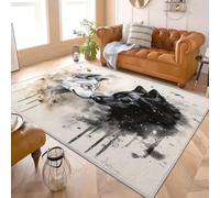 Tapis Moderne Doux Salon À Poils 80x150 cm Peinture de TêTe de Loup Animal Courts Lavable Tapis Chambre Noir Et Blanc Antidérapant Shaggy intérieur Chambre d'enfant Tapis de Sol Doux