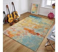 Tapis moderne pour salon, salle à manger, cuisine et chambre à coucher Motifs aquarelle colorés en bleu thé, vert, beige et rouge Rectangulaire 100 x 160 cm