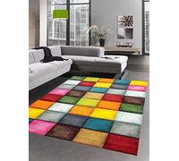 Tapis moquette salon moderne karo gris jaune bleu rouge Größe 80x150 cm