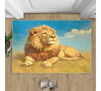 Tapis motif lion, bleu ciel, prairie, lion, petit tapis pour chambre à coucher, forêt, animaux sauvages, tapis antidérapant pour salle de bain, buanderie, cuisine - 50 x 80 cm