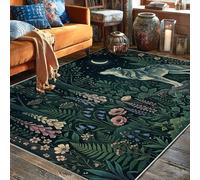 Tapis motif loup - Fleurs bohémiennes - Fougères - Vert foncé - Dos antidérapant - Bordure - Tapis rectangulaire pour salon, chambre à coucher, couloir, bureau, décoration de bureau - 1,5 x 2,1 m