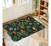 Tapis motif oiseaux de paradis, feuilles de palmier tropicales, fougères, vert d'été, tapis d'intérieur à poils courts en éponge qui ne perd pas ses poils pour salle de bain, entrée, chevet
