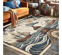 Tapis motif phare, nautique vintage navire côtier et mouette côtière, bleu marine, revers antidérapant, bordure bordure, tapis rectangulaire pour salon, chambre à coucher, salle à manger, bureau