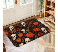 Tapis motif tête de mort, Halloween, gothique, feuille de citrouille, Halloween, noir, antidérapant, tapis de salle de bain, entrée, cuisine, décoration de chevet, 0,6 x 0,9 m