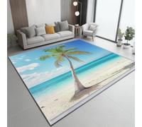 Tapis Naturel Côtier pour Salon, 160 x 230 cm | Antidérapant Lavable Ciel Pur Plage Botanique Cocotier Bleu Tapis pour Manger, Bureaux, Descente de Lit.