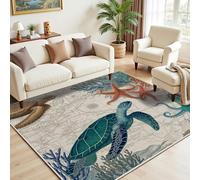Tapis Nautique Carte du Monde Tortue Salon Chambre, Tapis Poulpe Corail Étoile de Mer Côtier Maritime Grand Antidérapant Lavable Poil Ras Descente de Lit pour Salle à Manger Bureau Couloir, 200x290 cm
