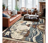 Tapis nautique vintage avec motif bateau côtier et mouette - Bleu marine - Dos antidérapant - Tapis d'intérieur qui ne perd pas ses poils - Pour salon, chambre à coucher, salle à manger, bureau