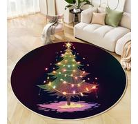 Tapis Noël Simple Tapis Rond Noir Antidérapant Lavable en Machine, pour Salon, Chambre À Coucher, Coin De Cheminée, Bureau, Salle De Bain Sapin Noël Lumineux 120 Cm