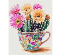 Tapis Noué A Faire Fleur De Cactus Dans Une Tasse À Thékits De Tapis À Crochet À Loquet À Faire Soi-Même Pour Adultes，Grand Kit De Fabrication De tapisserie Débutants，Ensemble De Tricot 35x46in