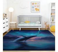Tapis Onirique Illustration Lavable 60 x 110 cm, Ciel Étoilé Montagnes Vagues Baleine Facile à Entretenir Tapis avec Envers TPR Antidérapant, pour Salon Chambre Cuisine, Multicolore